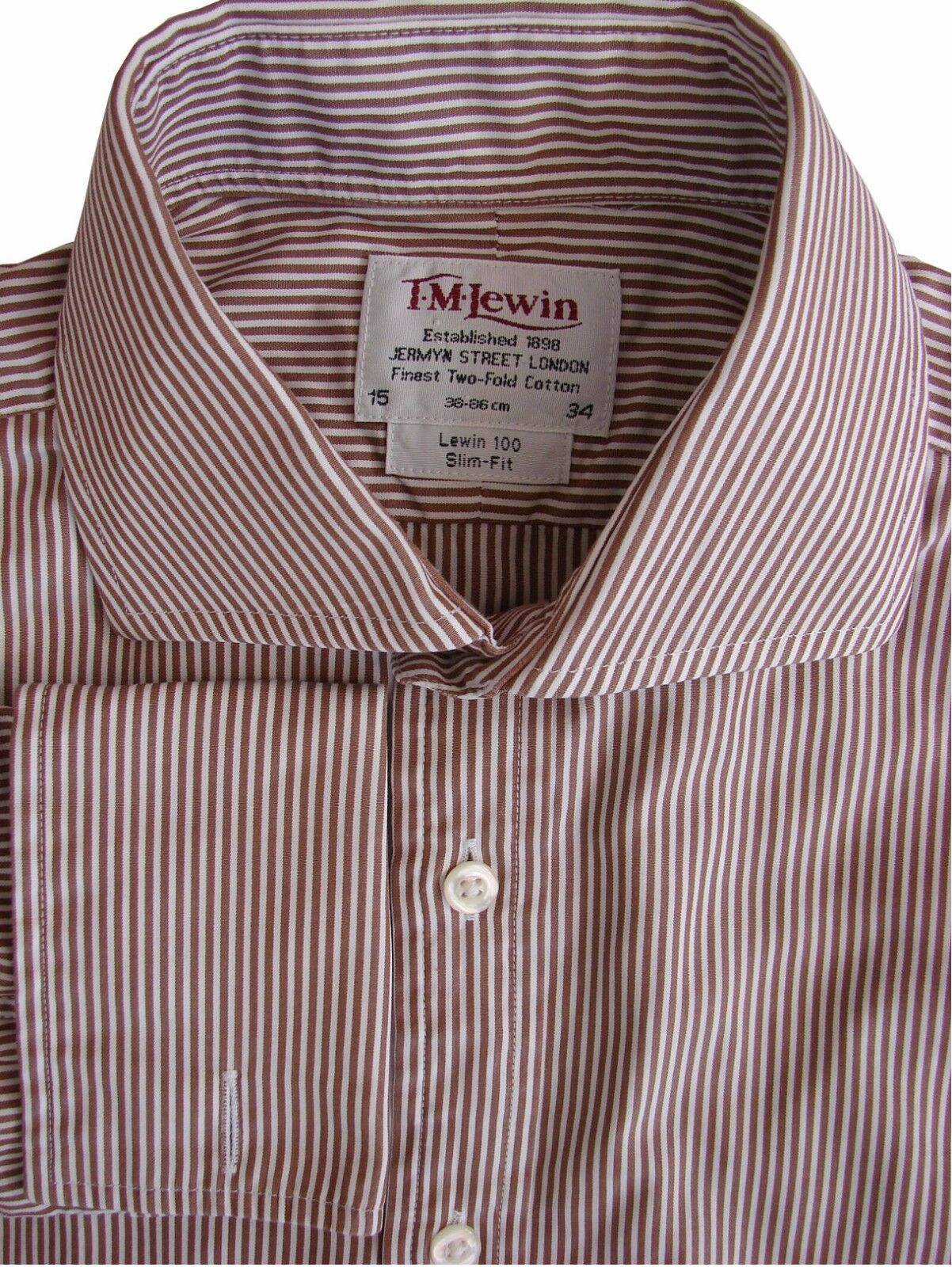 TM LEWIN 100 Shirt Mens 15 S Brown & White Stripes SLIM FIT NEW