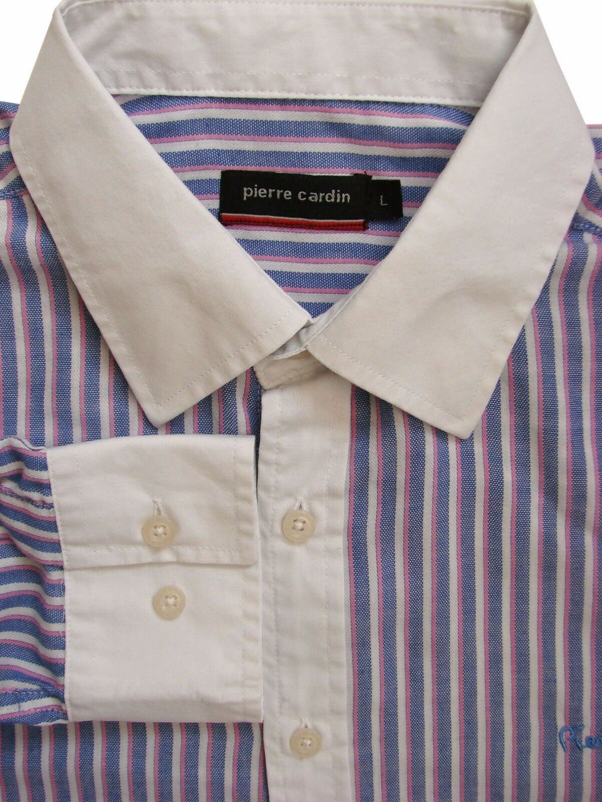PIERRE CARDIN Shirt Mens 16.5 L Blue Pink White Stripes Brandinity