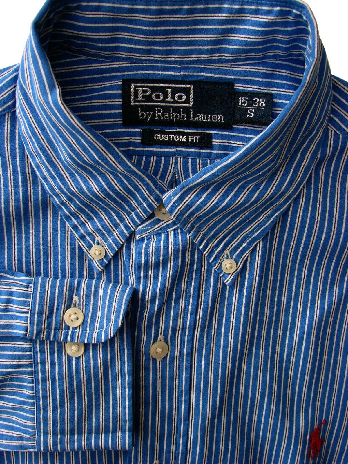 RALPH LAUREN POLO Shirt Mens 15 S Blue - Black & White Stripes CUSTOM FIT -  Brandinity