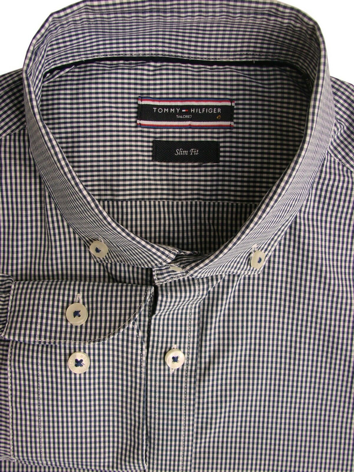 TOMMY HILFIGER TAILORED Shirt Mens 15.5 M Dark Blue White Check FIT -