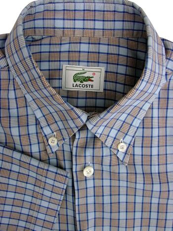 LACOSTE Shirt Mens M Blue Brown Check SHORT -