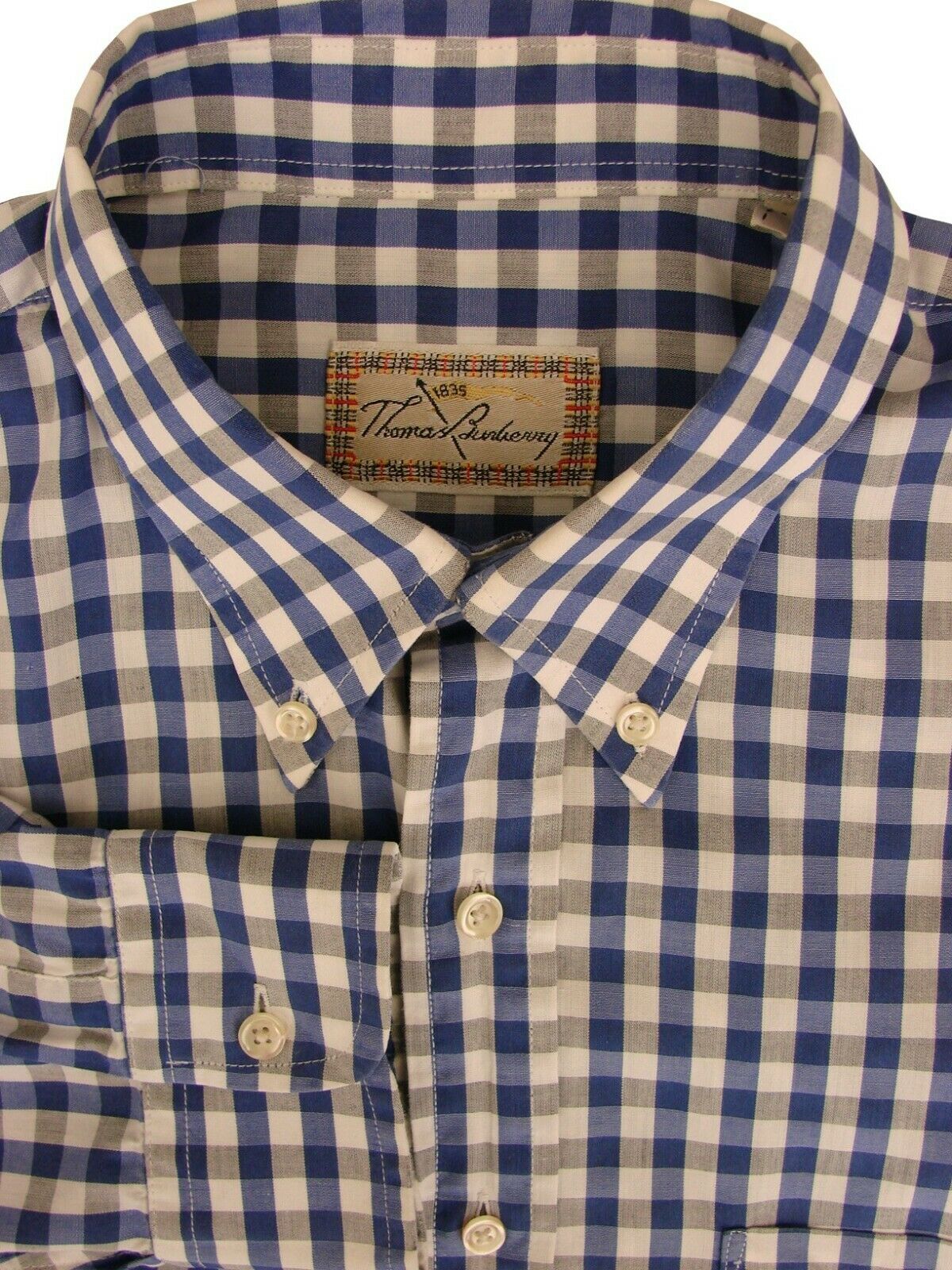 THOMAS BURBERRY Shirt Mens  L Blue Grey & White Gingham Check -  Brandinity