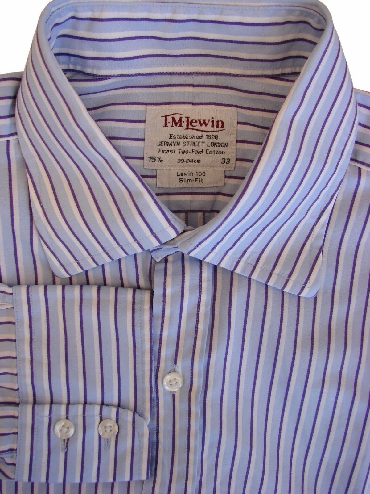 TM LEWIN 100 Shirt Mens 15.5 M Blue – Purple & White Stripes SLIM