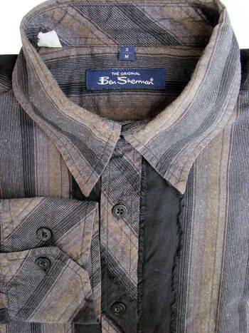 BEN SHERMAN Shirt Mens 15 M Black Grey & Brown Stripes - TEXTURED