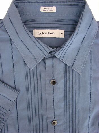 CALVIN KLEIN Shirt Mens 16 M Blue – Stripes - TEXTURED SHORT SLEEVE