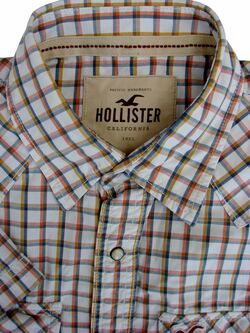 HOLLISTER Shirt Mens 16.5 L White – Orange & Brown Check POPPERS SHORT SLEEVE