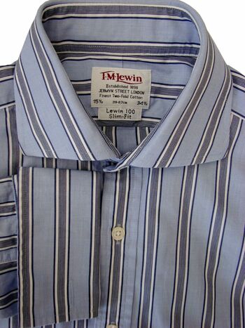 TM LEWIN 100 Shirt Mens 15.5 M Light Blue – Dark Blue & White Stripes SLIM FIT
