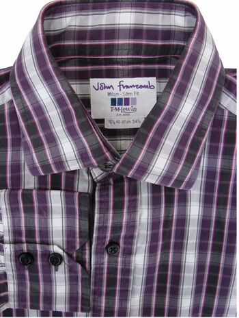 JOHN FRANCOMB TM LEWIN Shirt Mens 16 M Purple Black White Check MILAN SLIM FIT