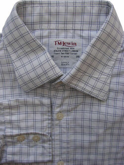 TM LEWIN LUXURY Shirt Mens 16 M White Blue Check SLIM FIT