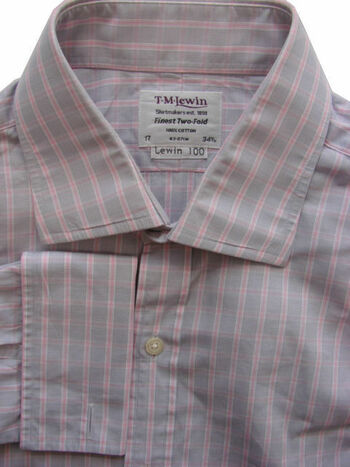 TM LEWIN 100 Shirt Mens 17 L Grey – Pink Check