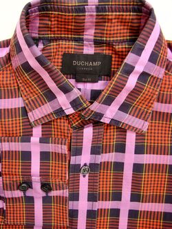 DUCHAMP LONDON Shirt Mens 15 S Lilac - Black Orange & Yellow Check SLIM FIT