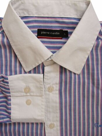 PIERRE CARDIN Shirt Mens 16.5 L Blue - Pink & White Stripes