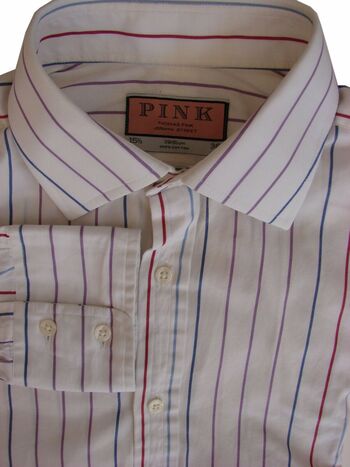 THOMAS PINK Shirt Mens 15.5 M White - Purple Blue & Burgundy Stripes