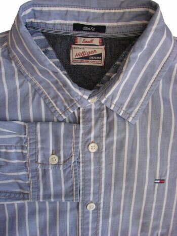 HILFIGER DENIM Shirt Mens 15 S Grey - White Stripes SLIM FIT