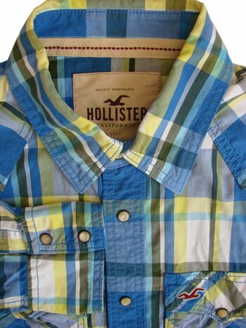 HOLLISTER Shirt Mens 17 L Blue Black White & Yellow Check POPPERS