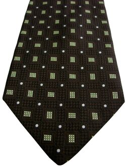HUGO BOSS Mens Tie Dark Brown - Green Squares & White Polka Dots