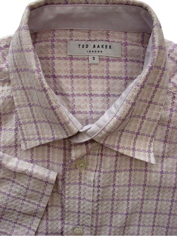 TED BAKER Shirt Mens 15 S White - Lilac & Purple Houndstooth Check SHORT SLEEVE