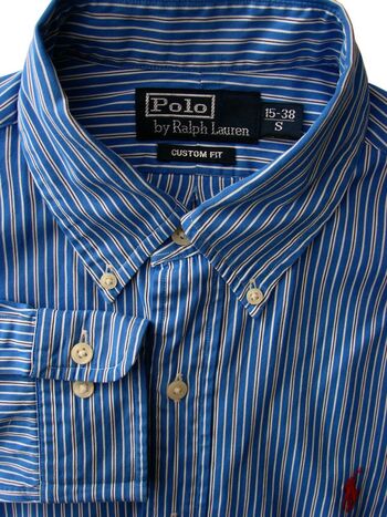 RALPH LAUREN POLO Shirt Mens 15 S Blue - Black & White Stripes CUSTOM FIT