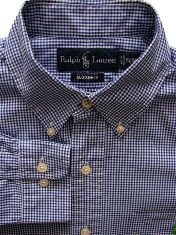 RALPH LAUREN Shirt Mens 15 S Blue & White Check SHORT ARMS CUSTOM FIT