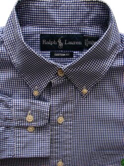 RALPH LAUREN Shirt Mens 15 S Blue & White Check SHORT ARMS CUSTOM FIT