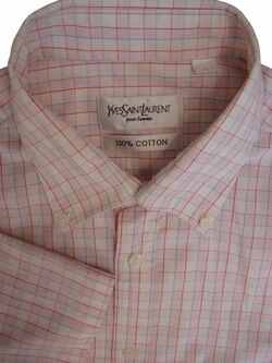 YVES SAINT LAURENT YSL Shirt Mens 16 L Pink White Red & Blue Check SHORT SLEEVE