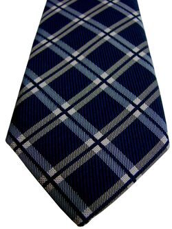 JOHN FRANCOMB TM LEWIN Mens Tie Dark Blue - White & Beige Check ULTRA SKINNY