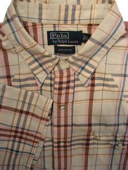 RALPH LAUREN POLO Shirt Mens 17 L Cream - MC Pastel Check POPPERS SHORT SLEEVE