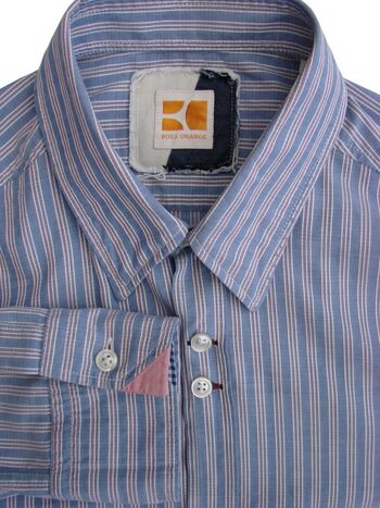 HUGO BOSS ORANGE Shirt Mens 15 S Blue - White & Red Textured Stripes LIGHTWEIGHT