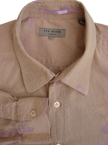 TED BAKER Shirt Mens 15 S Light Brown - Lilac Flowers TEXTURED