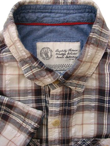 FAT FACE Shirt Mens 15 S Brown & White Check TEXTURED SHORT SLEEVE