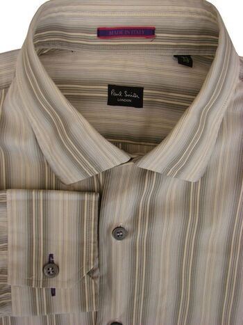 PAUL SMITH Shirt Mens 15 S Grey Cream & Brown Stripes
