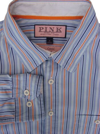 THOMAS PINK CASUAL Shirt Mens 15.5 M Blue - Turquoise Blue & Orange Stripes