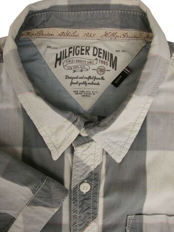 HILFIGER DENIM Shirt Mens 15.5 M Grey White Yellow & Pink Check SHORT SLEEVE