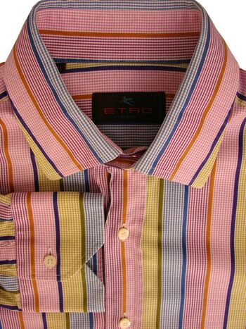 ETRO Shirt Mens 16 M Multi-Coloured Stripes & Mini Check