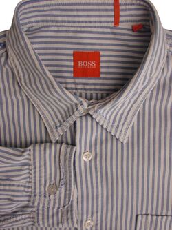 HUGO BOSS Shirt Mens 16 L Blue & White Stripes - DISTRESSED LOOK