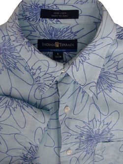 INDIAN TERRAIN Shirt Mens 15.5 S Blue - Flowers LINEN EASY IRON SHORT SLEEVE
