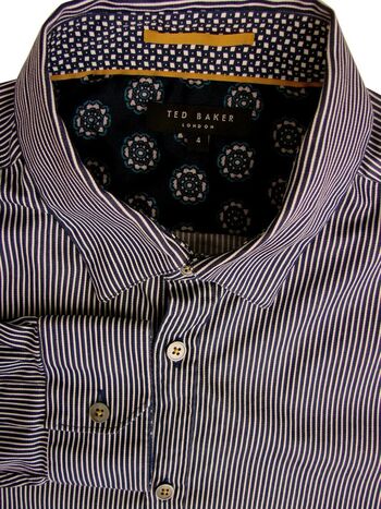 TED BAKER Shirt Mens 16.5 L Dark Blue & White Stripes