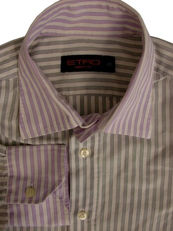 ETRO Shirt Mens 15.5 M Grey & White Stripes - Purple & White Stripes Collar Cuff