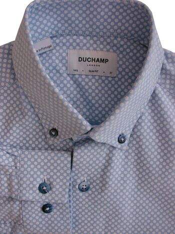 DUCHAMP LONDON Shirt Mens 14 S Light Blue - White Polka Dots SLIM FIT