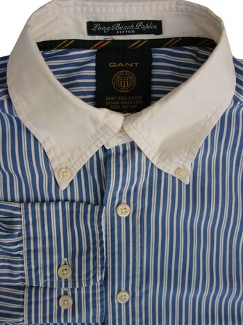 GANT Shirt Mens 15.5 M Blue & White Stripes LONG BEACH POPLIN FITTED