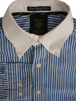 GANT Shirt Mens 15.5 M Blue & White Stripes LONG BEACH POPLIN FITTED
