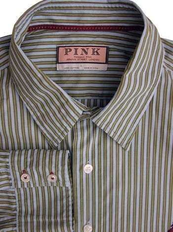THOMAS PINK Shirt Mens 17 L Light Blue & Green Stripes