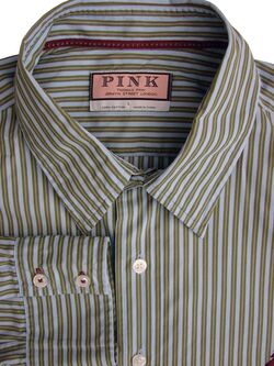 THOMAS PINK Shirt Mens 17 L Light Blue & Green Stripes