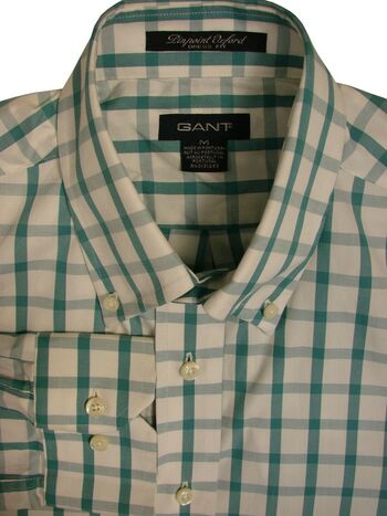 GANT Shirt Mens 16 M White - Green Check PINPOINT OXFORD DRESS FIT