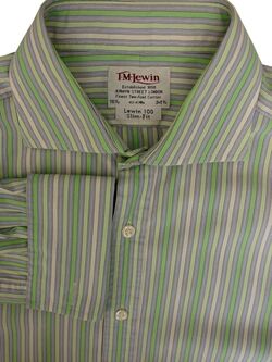 TM LEWIN 100 Shirt Mens 16.5 L Green & Cream Stripes SLIM FIT