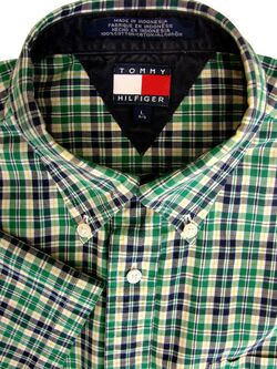 TOMMY HILFIGER Shirt Mens 14 S Green - Yellow White & Black Check