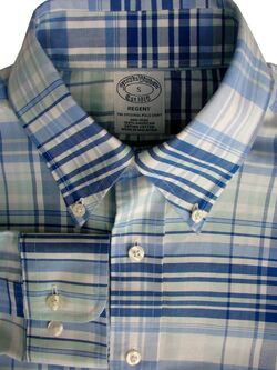 BROOKS BROTHERS REGENT Shirt Mens 15 S Blue White & Green Check NON IRON