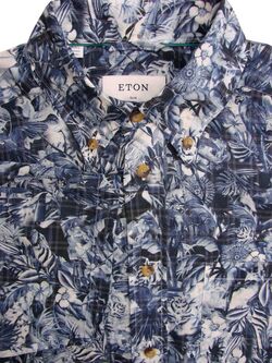 ETON Shirt Mens 15.5 M Blue - Flowers & Parrots SLIM LIGHTWEIGHT SHORT SLEEVE
