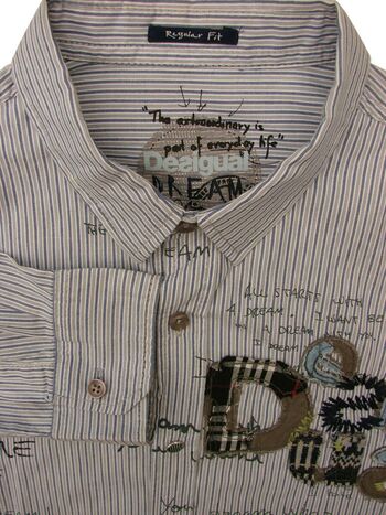 DESIGUAL Shirt Mens 16 M White Grey & Blue Stripes & Text REGULAR FIT