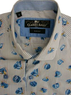 CLAUDIO LUGLI Shirt Mens 15.5 M White - Blue Flowers